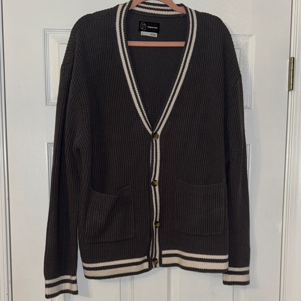 Grey Oversized V neck Knit Cardigan Sweater Vintage Style